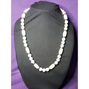 Vintage Napier Signed Bright White Acrylic Beaded Necklace w/ Gold Tone Accents